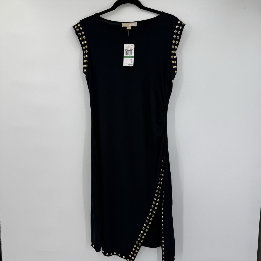 NWT MICHAEL KORS Stud Trim Asymmetrical Women's Sz L Dress Black 3/4 Sleeves